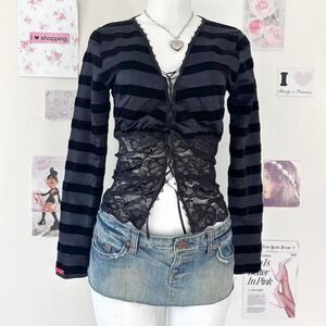 Katerina Black Striped Velvet Lace Trim Long Sleeve Top Small Y2K Gothic